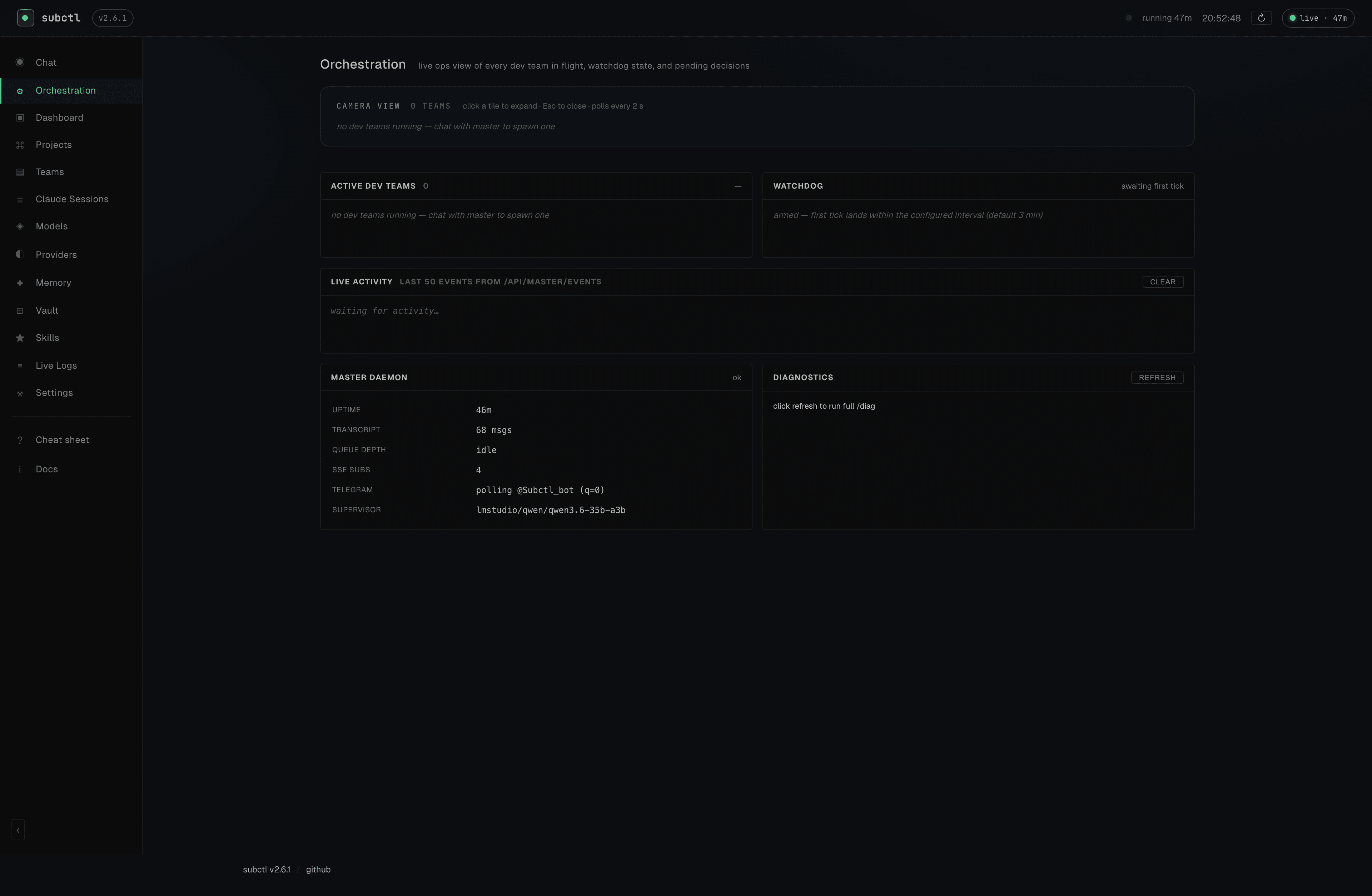 subctl orchestration cockpit — master daemon panel, watchdog state, live activity stream, and camera grid tiles