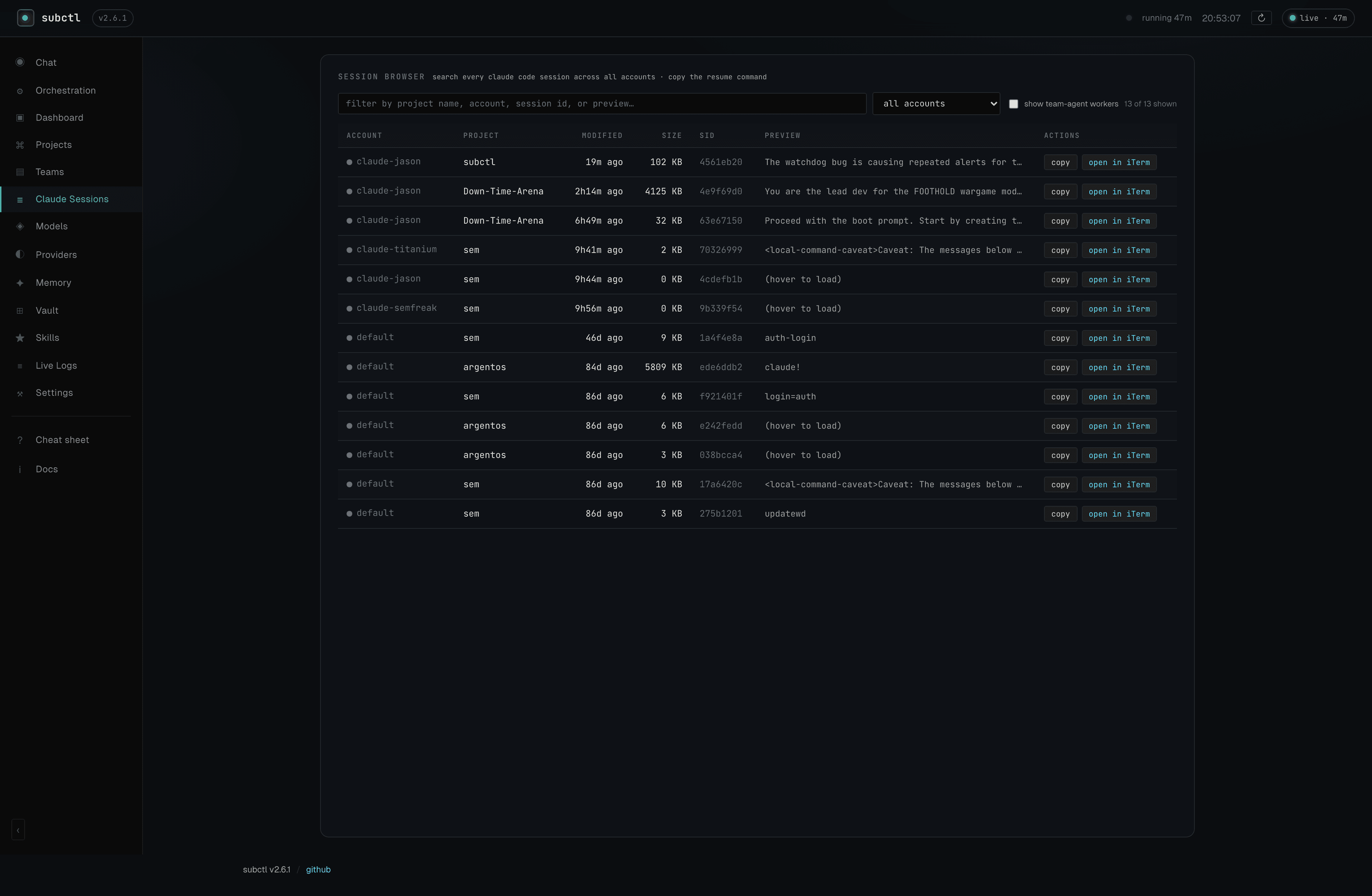 subctl Claude Sessions browser — cross-account search across 13 sessions on 4 accounts with per-row preview text and resume actions